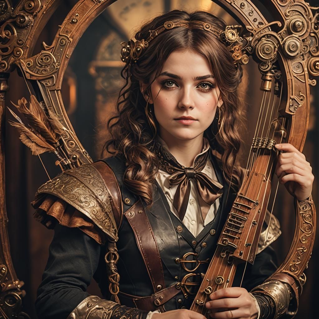 Steampunk Bard with Harp Bow Portrait