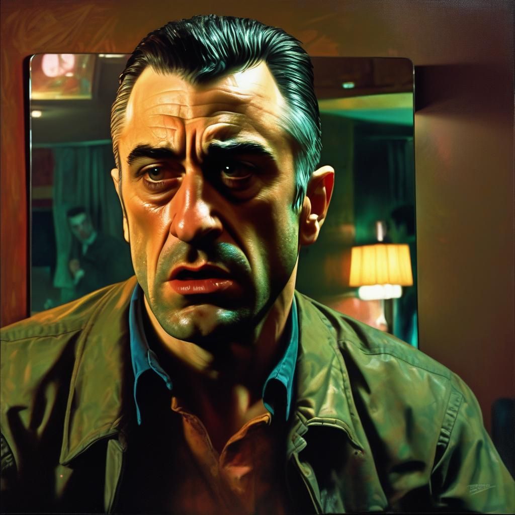 "Robert De Niro as Travis Bickle speaks to his mirror reflection in a dimly lit NYC hotel room. Capture the isolation an...