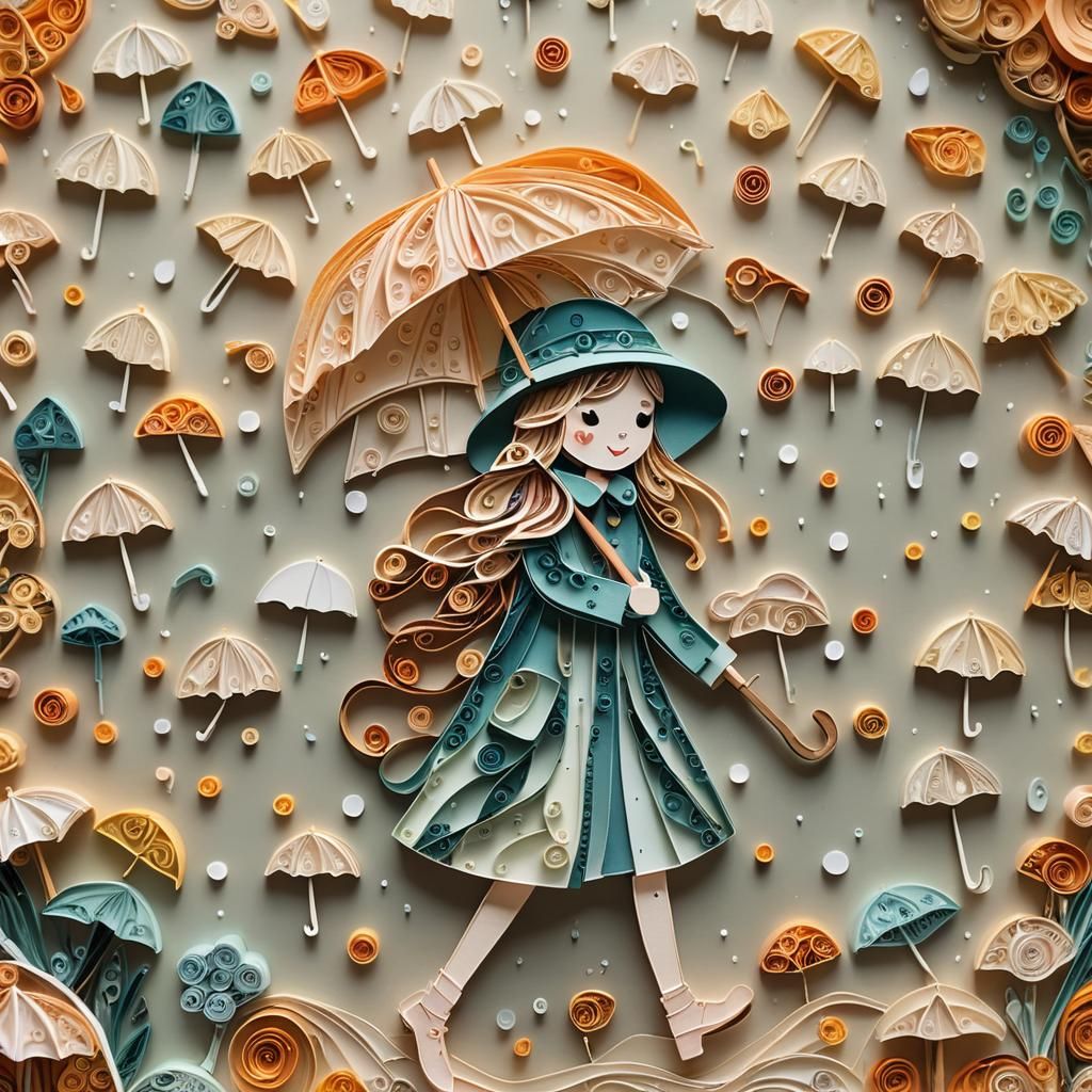 Girl Running in Rain: Quilling Style Paper Art