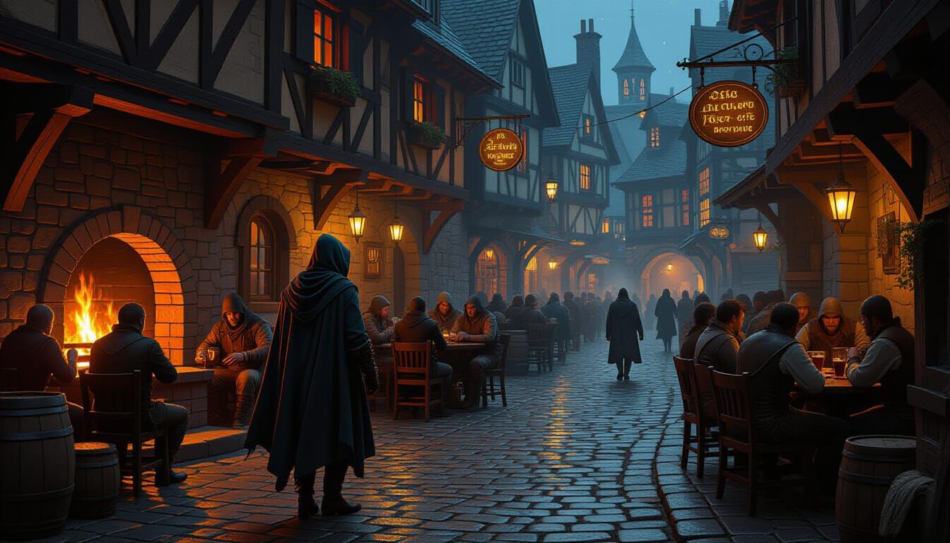 Bustling Tavern Scene with Mysterious Alleyway in Digital Pa...