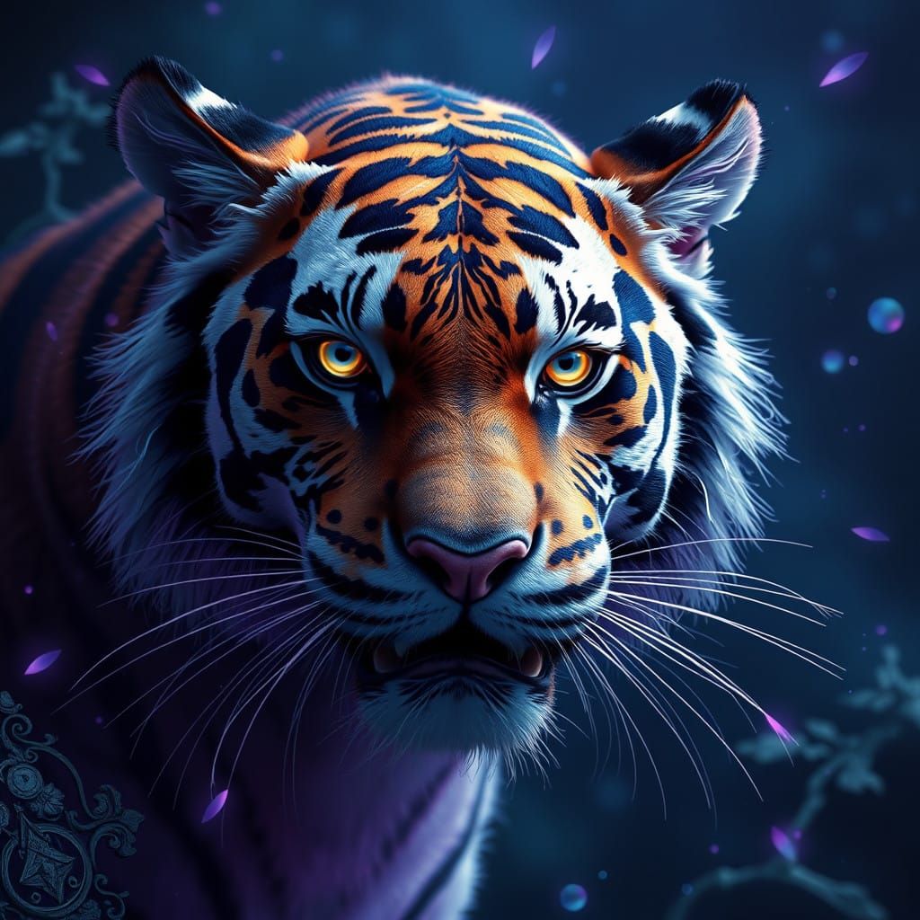 Regal Amethyst and Sapphire Tiger in Vibrant Fantasy Realm