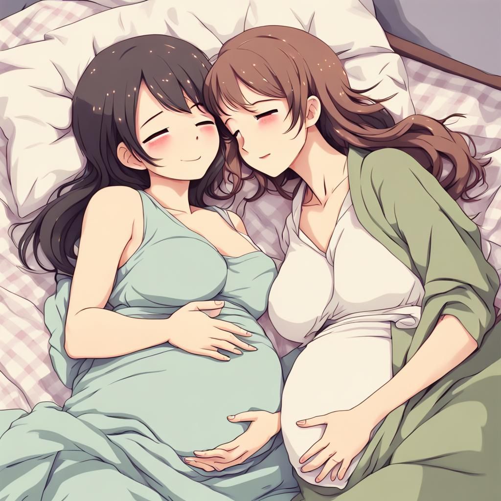 Pregnant Women Cuddling: Anime-Style Illustration