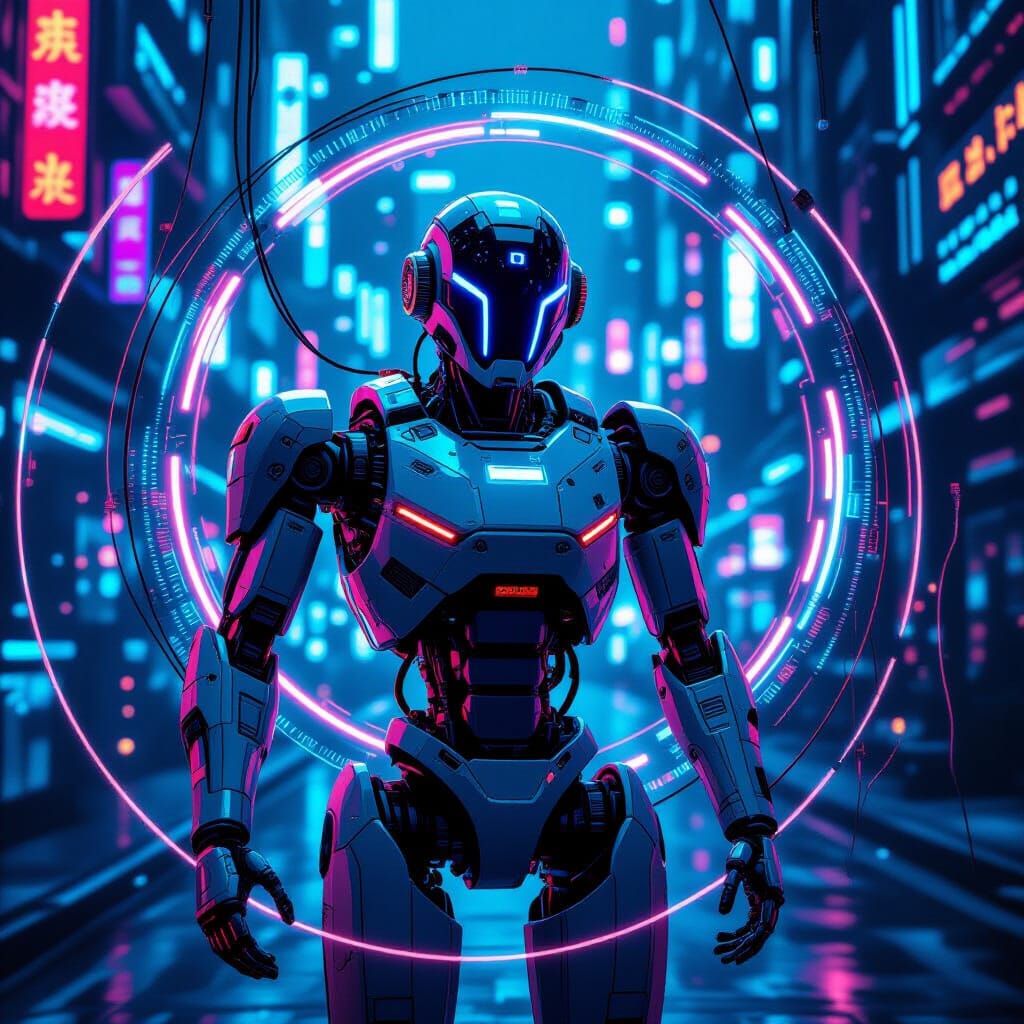 Futuristic Robot in Dystopian Cyberpunk Style