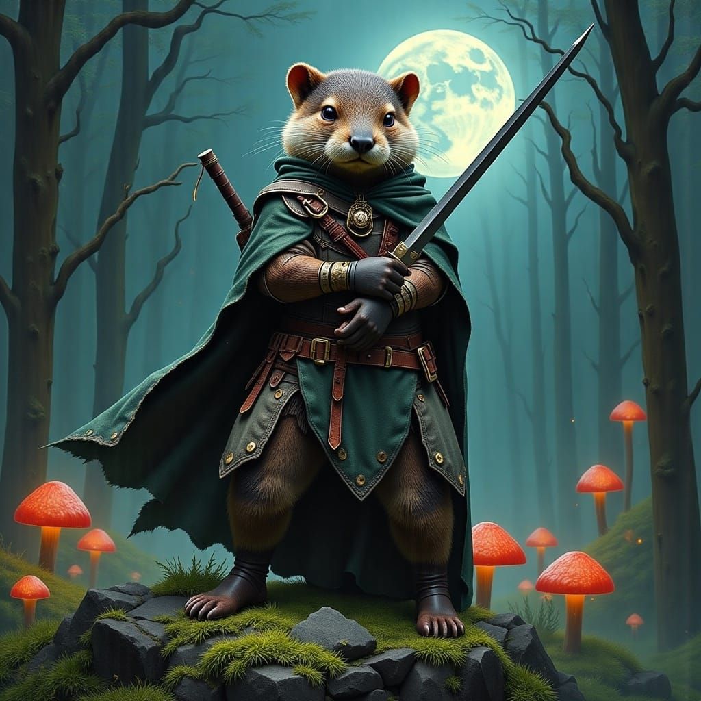 Otter Mercenary in Moonlit Forest, Whimsical Illustration