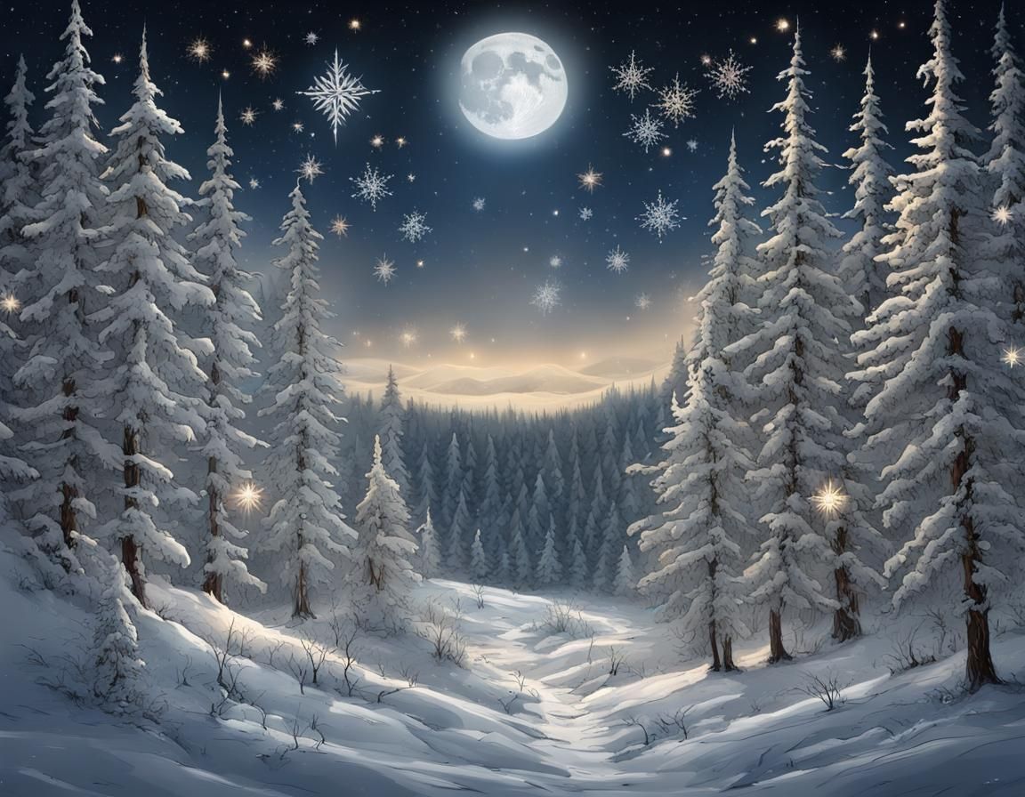 Winter Solstice Over Forest with Jeweled Stars