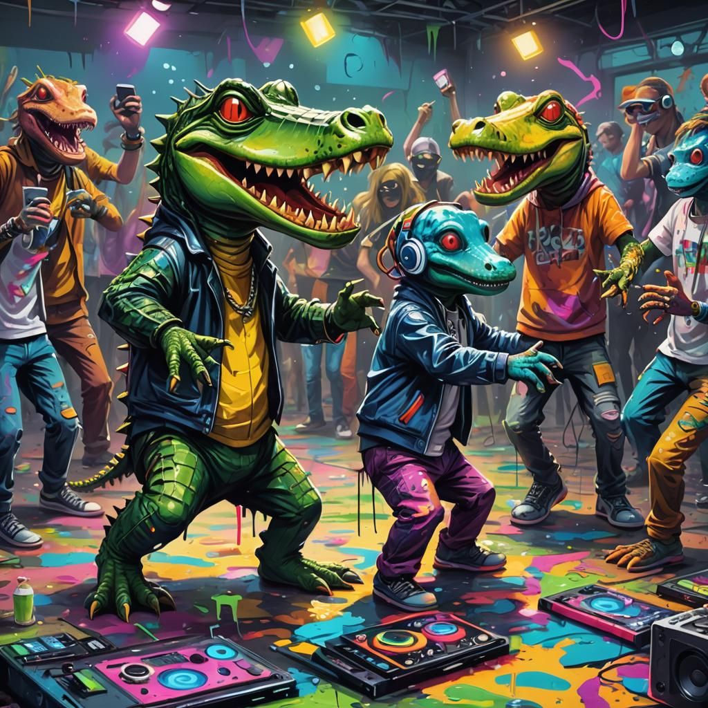 Alligator Humanoids Rave in Swamp, Graffiti Art