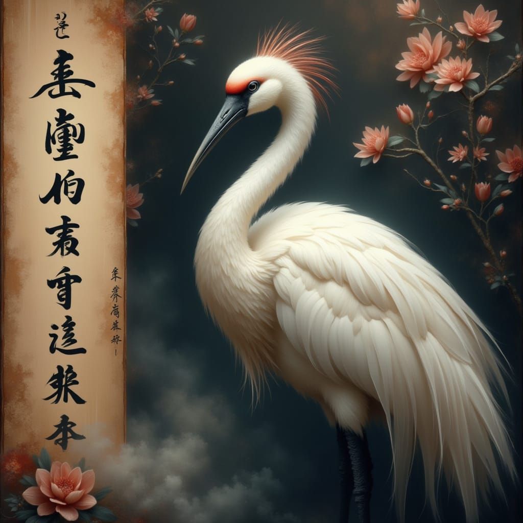 Elegant Japanese Crane with Ancient Script
