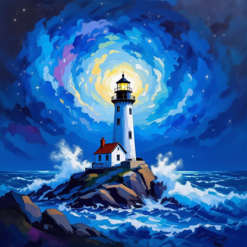 Majestic Lighthouse Amidst Cosmic Nebula Sky