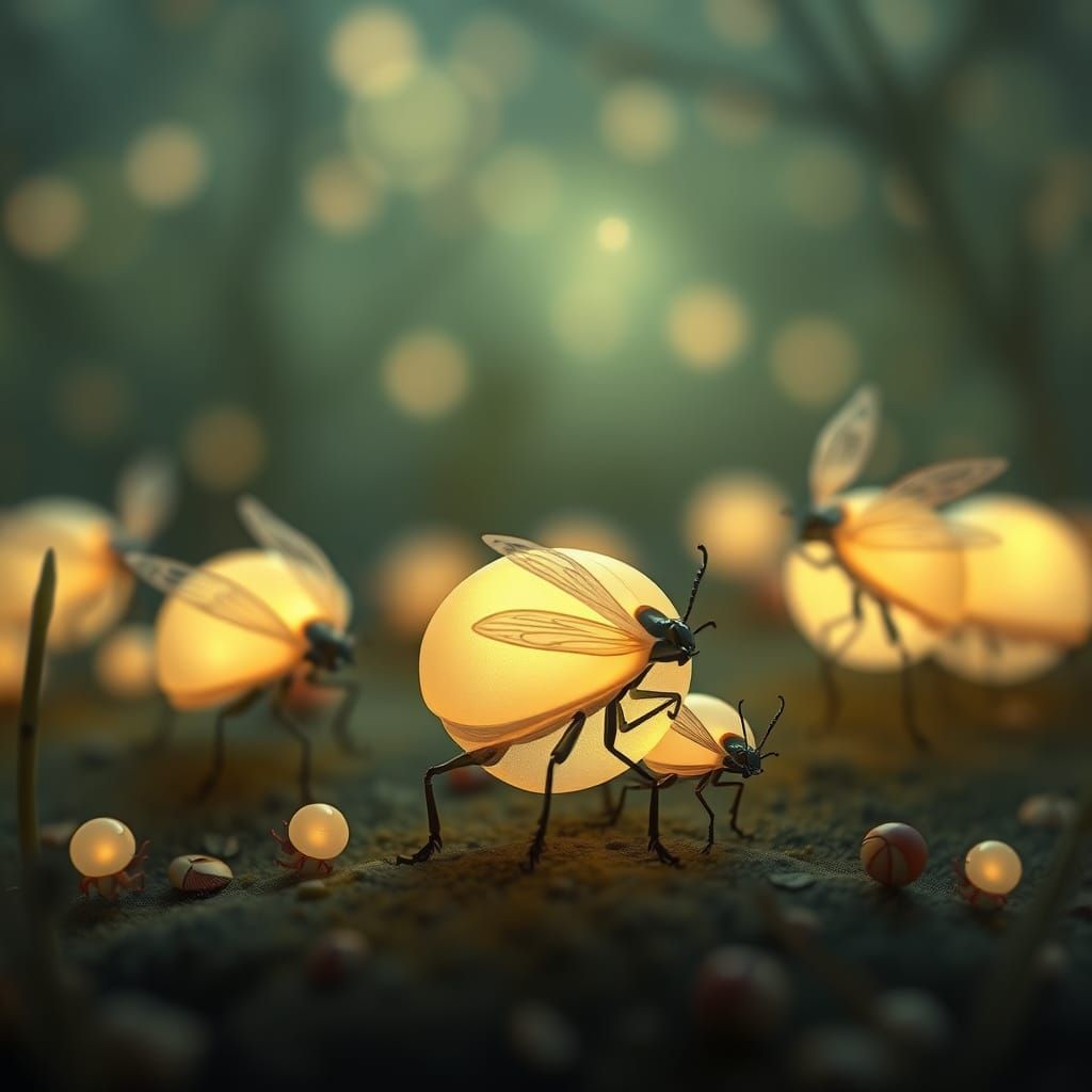 Glowing Beetles in Whimsical Nocturnal Scene