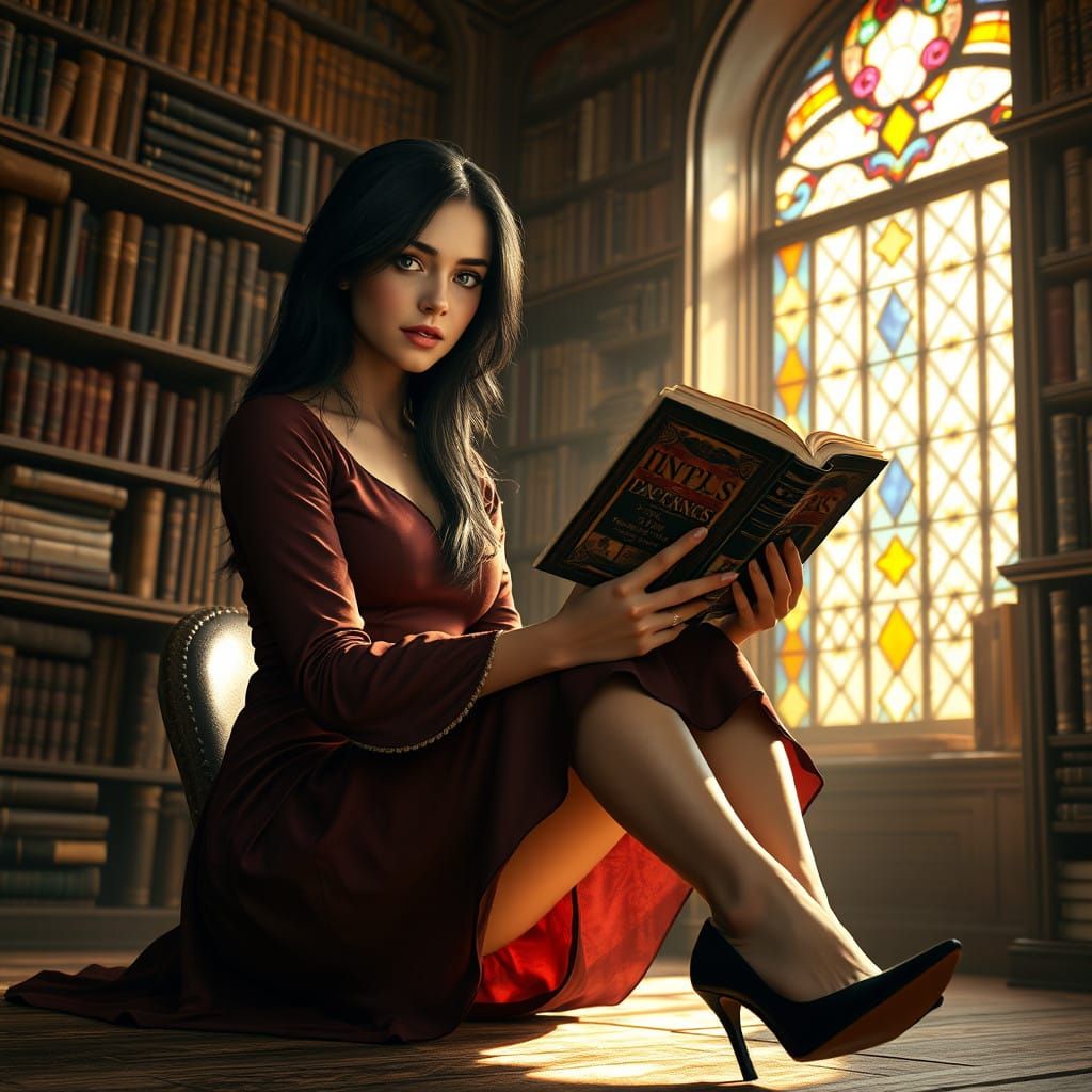 Elegant Woman Surrounded by Ancient Tomes in a Victorian Lib...