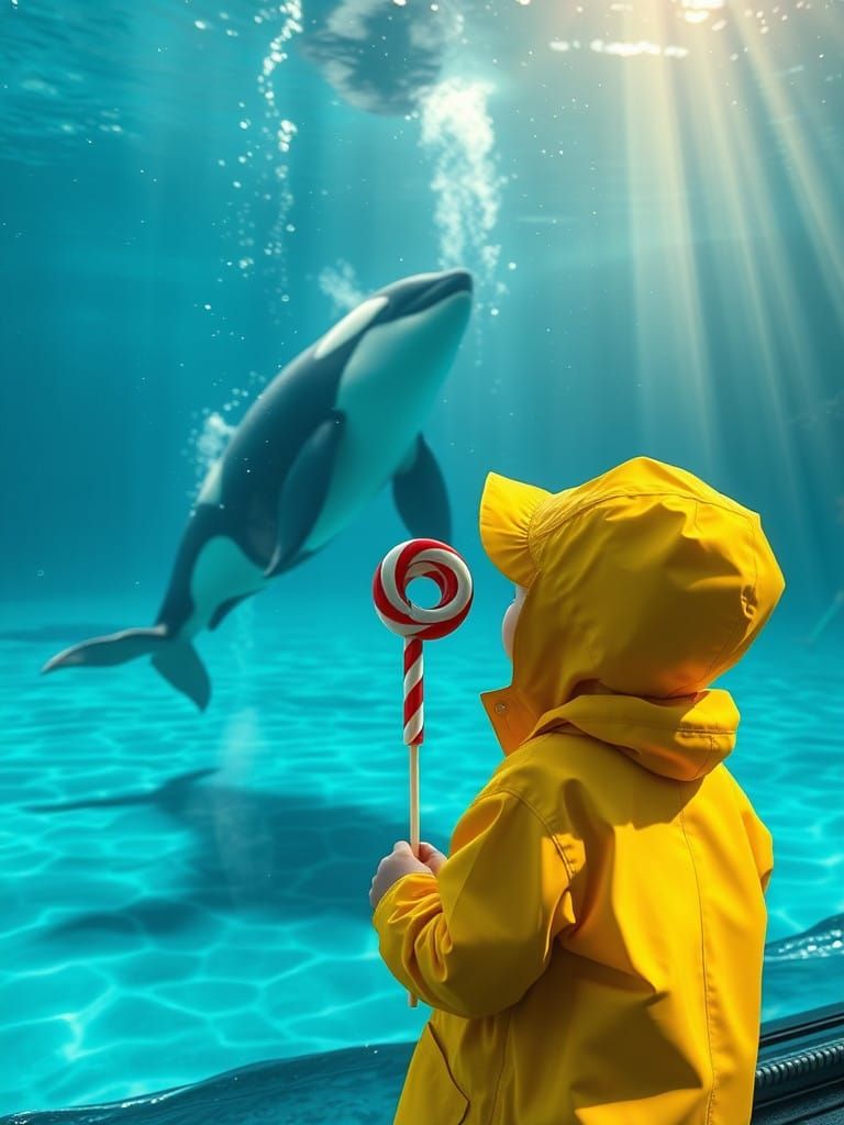 Child in Bright Yellow Raincoat Stands by Enormous Glass Aqu...
