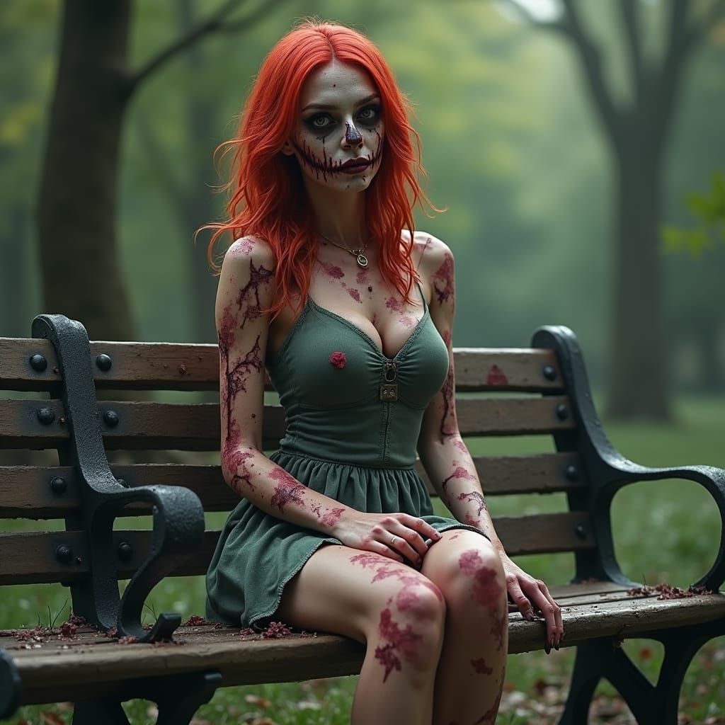 Hyperrealistic Redhead Zombie on Park Bench