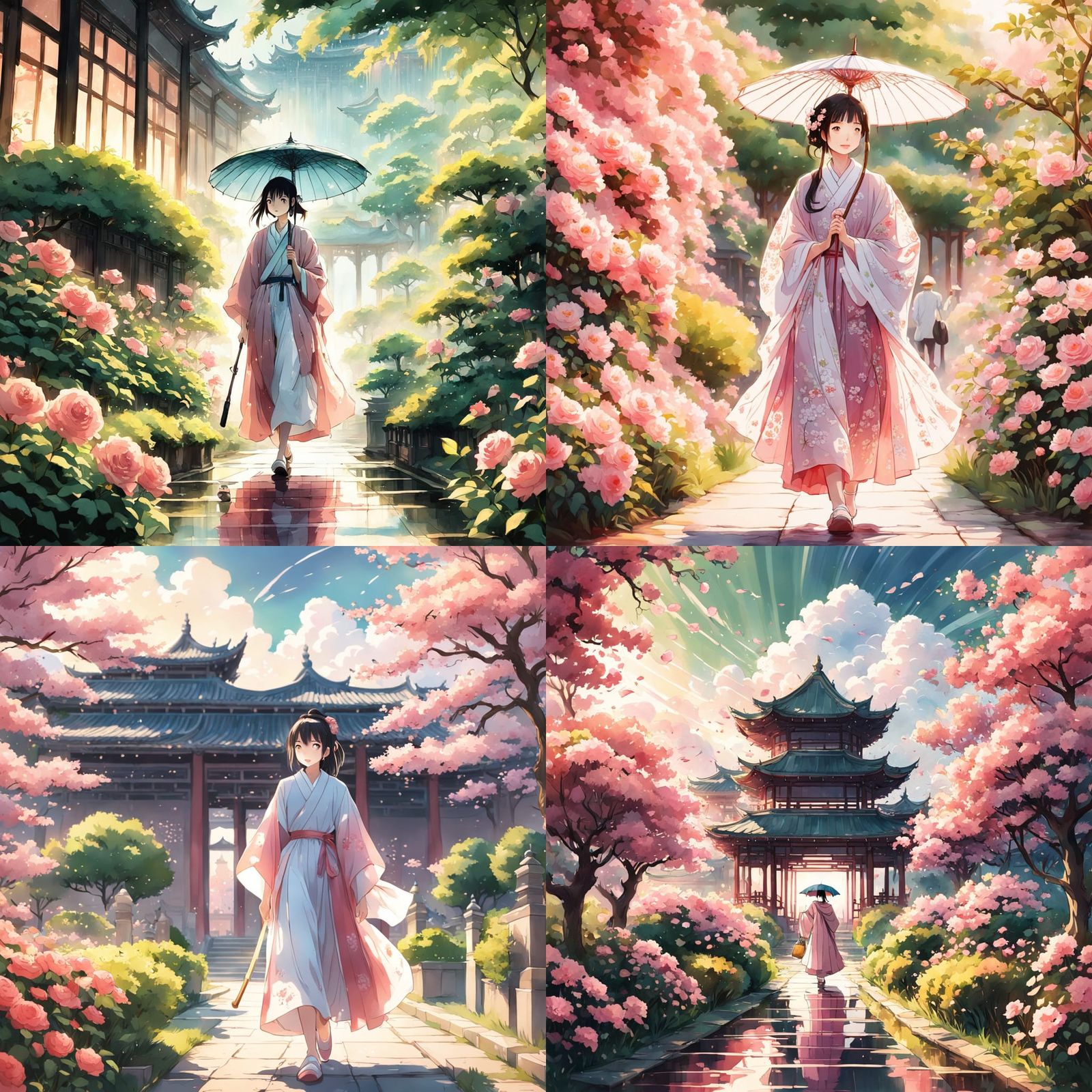 Chinese Woman in Pink Robe Walks Through Rose Garden