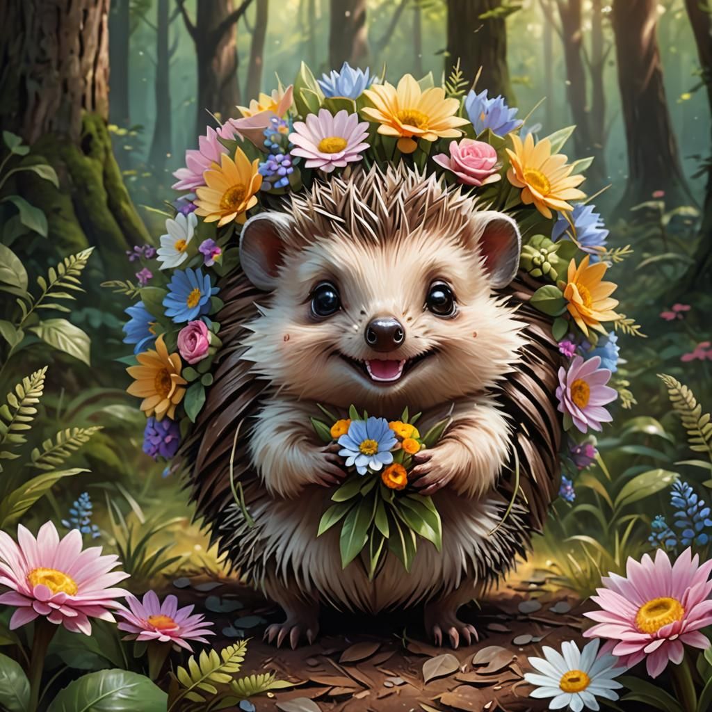 Smiling Hedgehog with Flowers in Pastel Forest