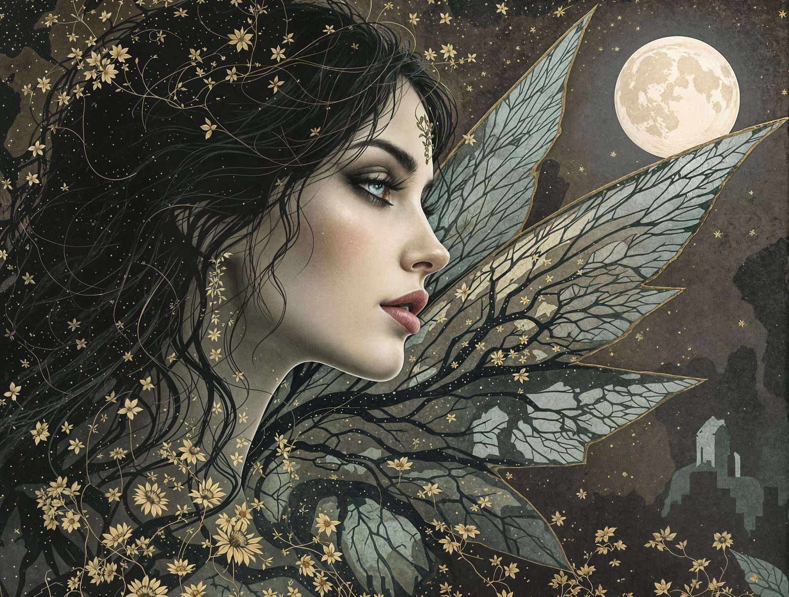 Middle Eastern Fairy Under Moonlit Sky in Intaglio Print