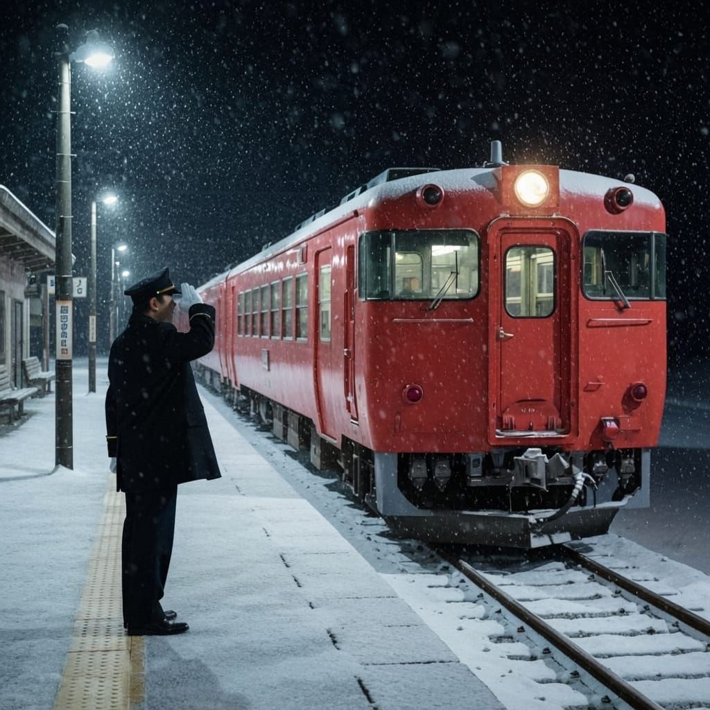 Stationmaster Salutes Train on Snowy Evening