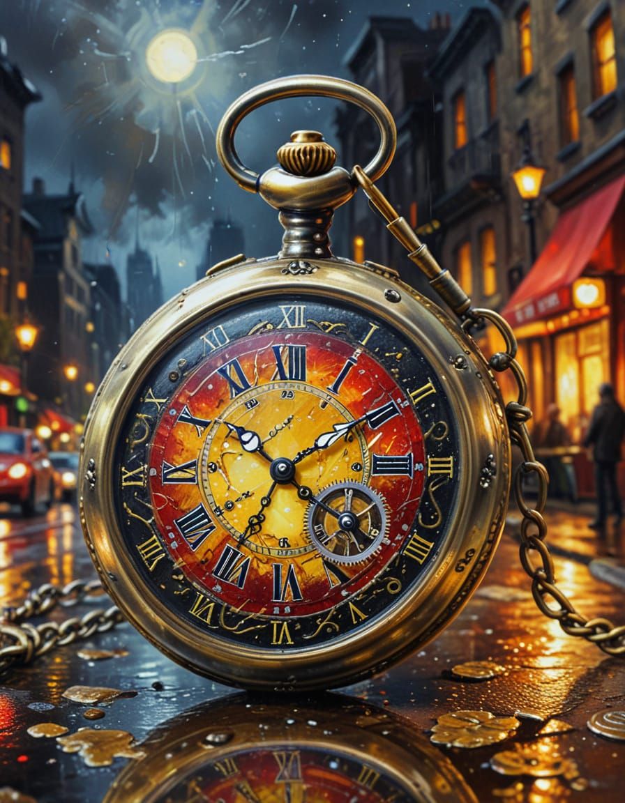 Steampunk Pocket Watch Oil Painting at Night