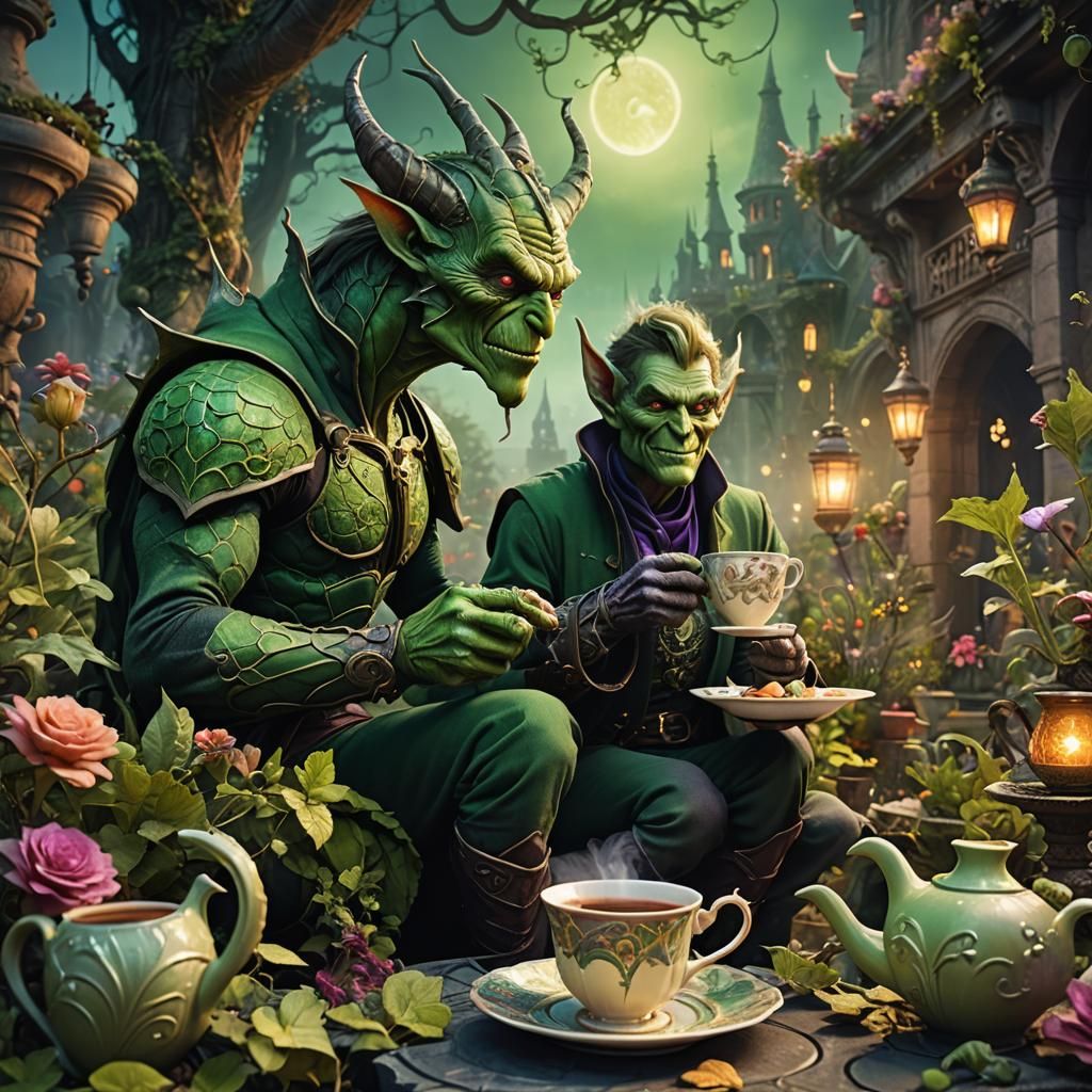 Green Goblin and Dragon Tea Party in Ethereal Garden