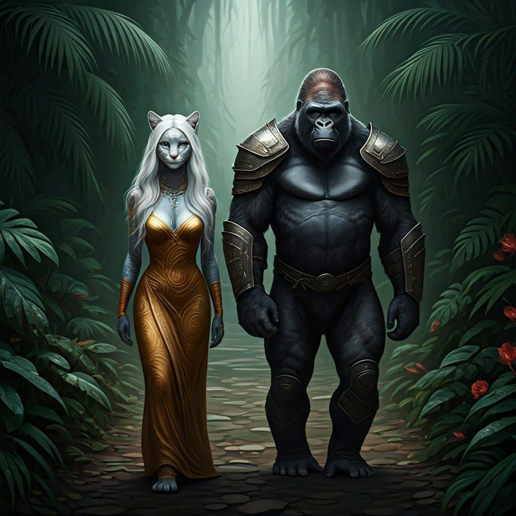 Cyberpunk Goddess Walks Beside Armored Beast in Dark Forest