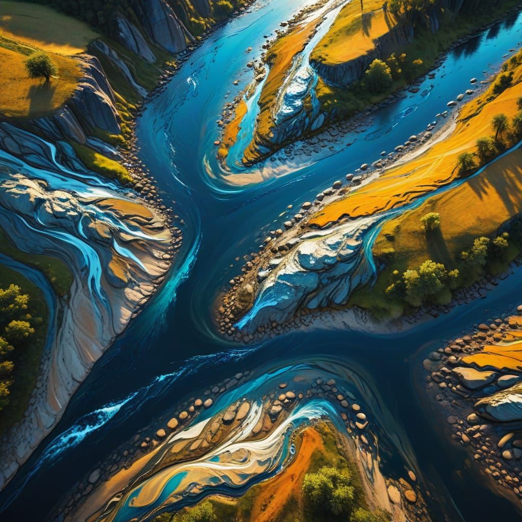 Abstract Rivers Meet in Ambhora-un, Picasso-esque Aerial Vie...