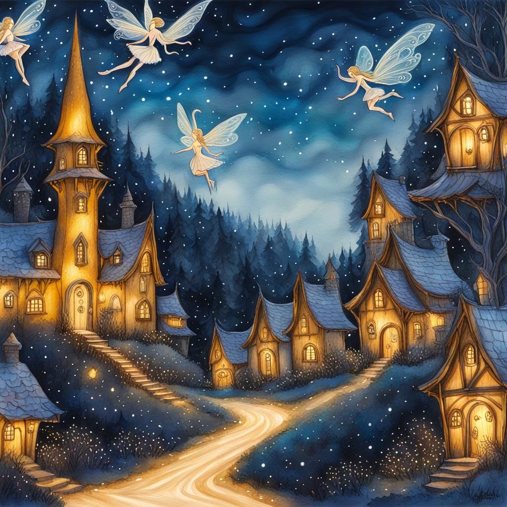 Ethereal Fairy Village Ink Line Drawing