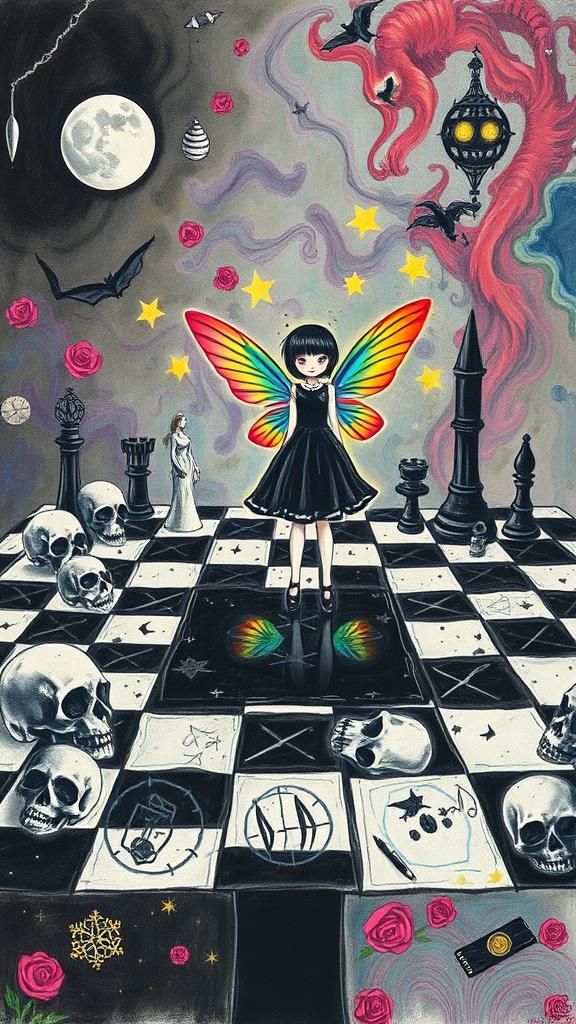 Goth Woman in Surreal Childlike Crayon Drawing