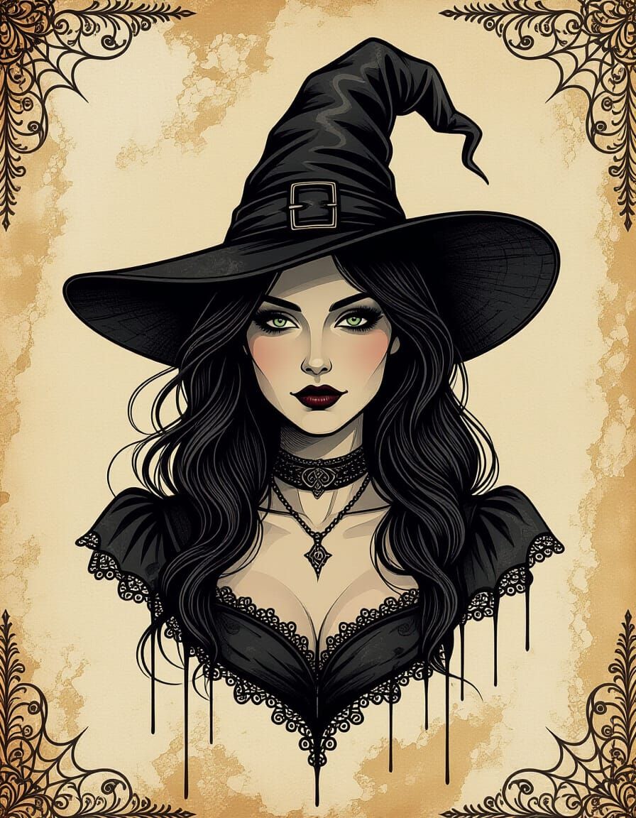 Vintage Halloween Witch in Alcohol Ink Style