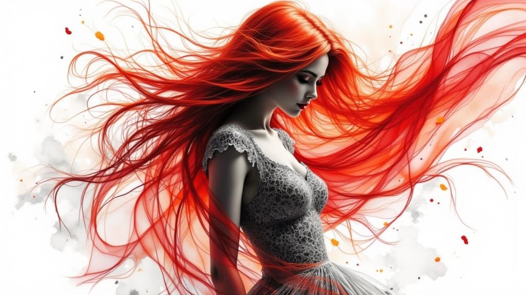 Radiant Woman with Flowing Red Hair in Watercolor Style
