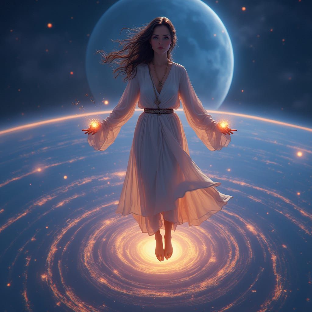 Woman Hovering Above Planet with Glowing Ley Lines