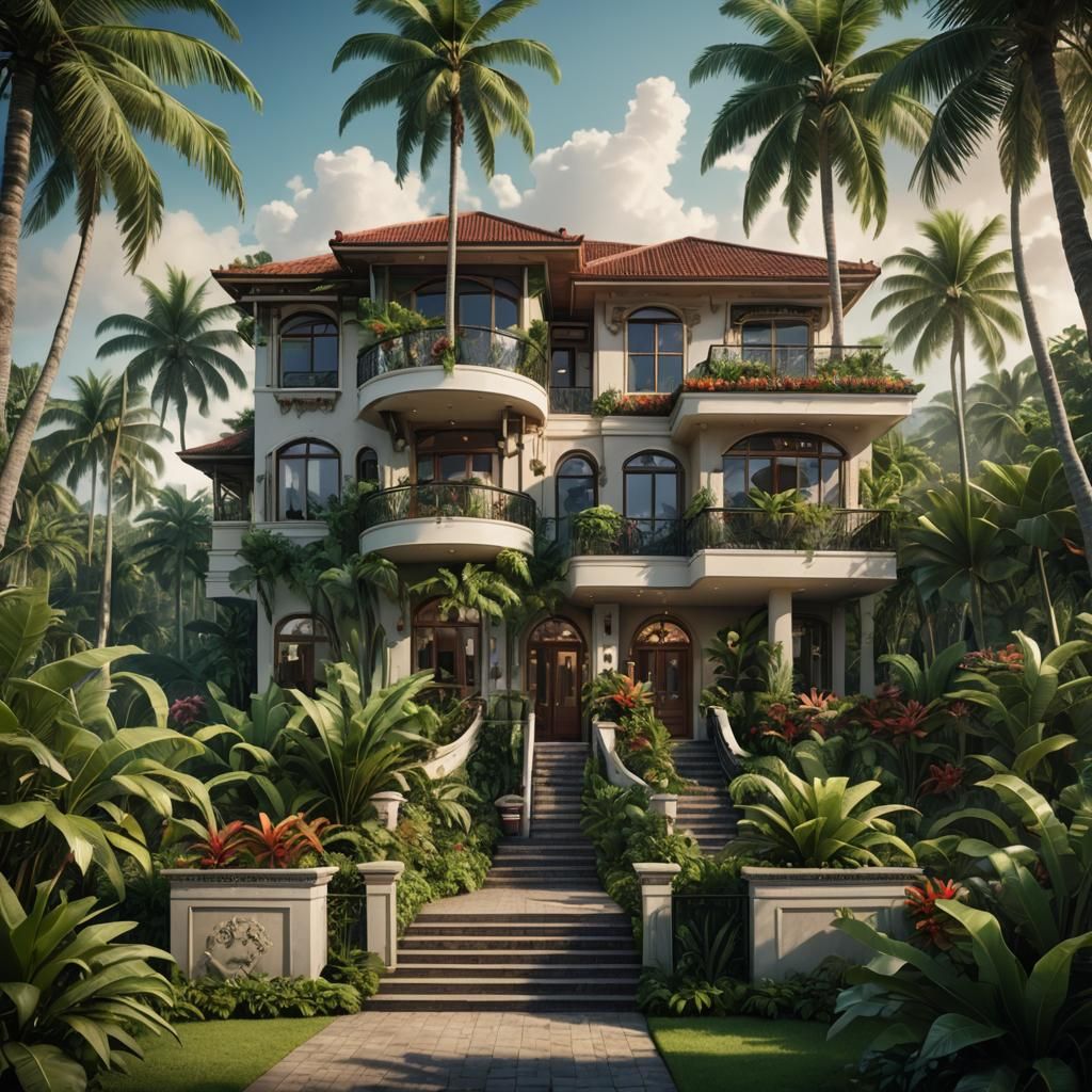 luxurious two-story house set in a tropical location, surrou...