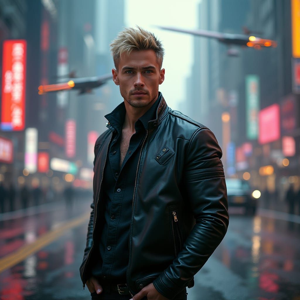 Cyberpunk Man in Futuristic Cityscape