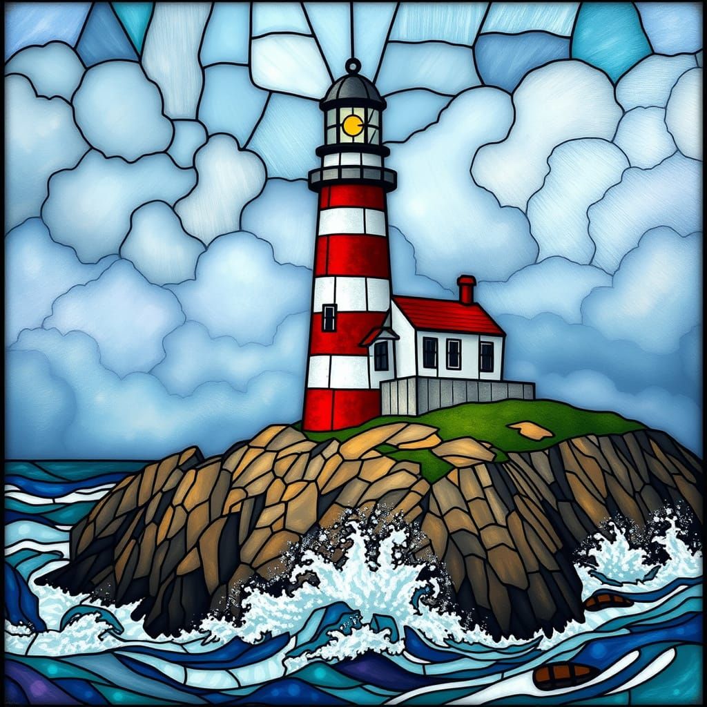 Stained Glass Lighthouse on Rocky Coast