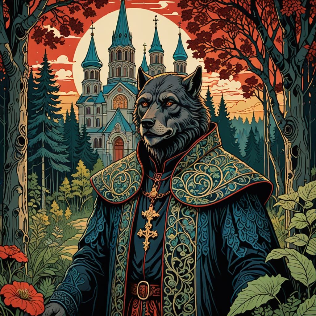 Werewolf Bishop Portrait in Art Nouveau Russian Folk Style