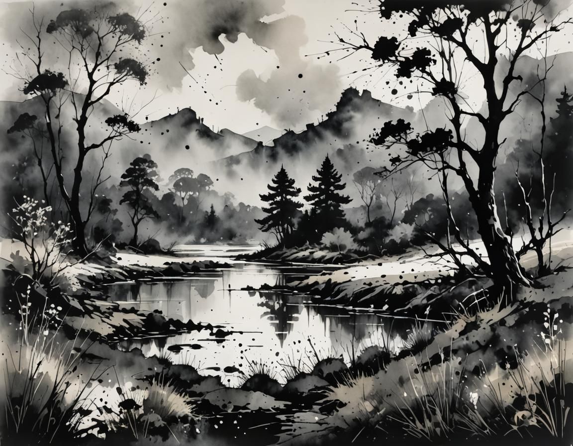 Ink Splatter Landscape Art