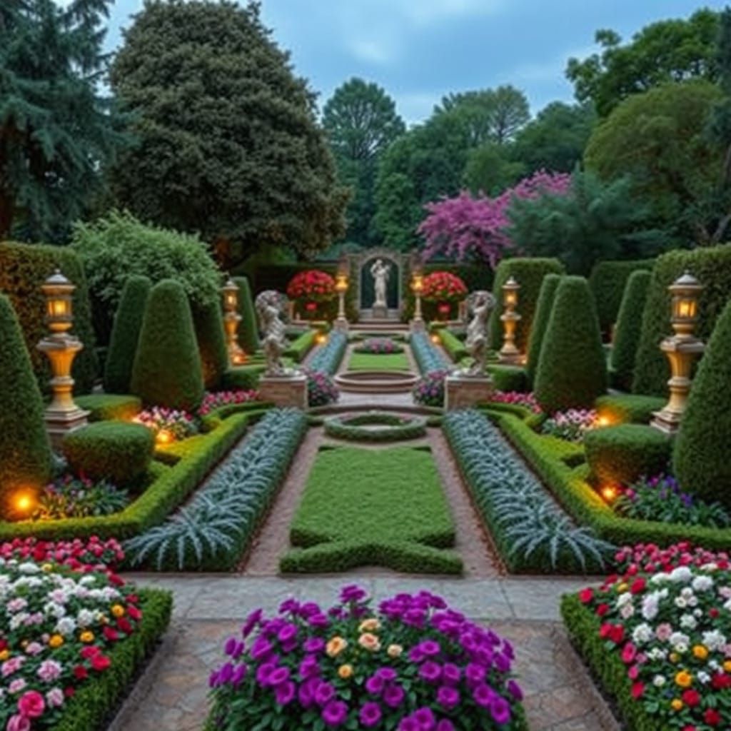 Symmetrical Garden Paradise in Vibrant Bloom