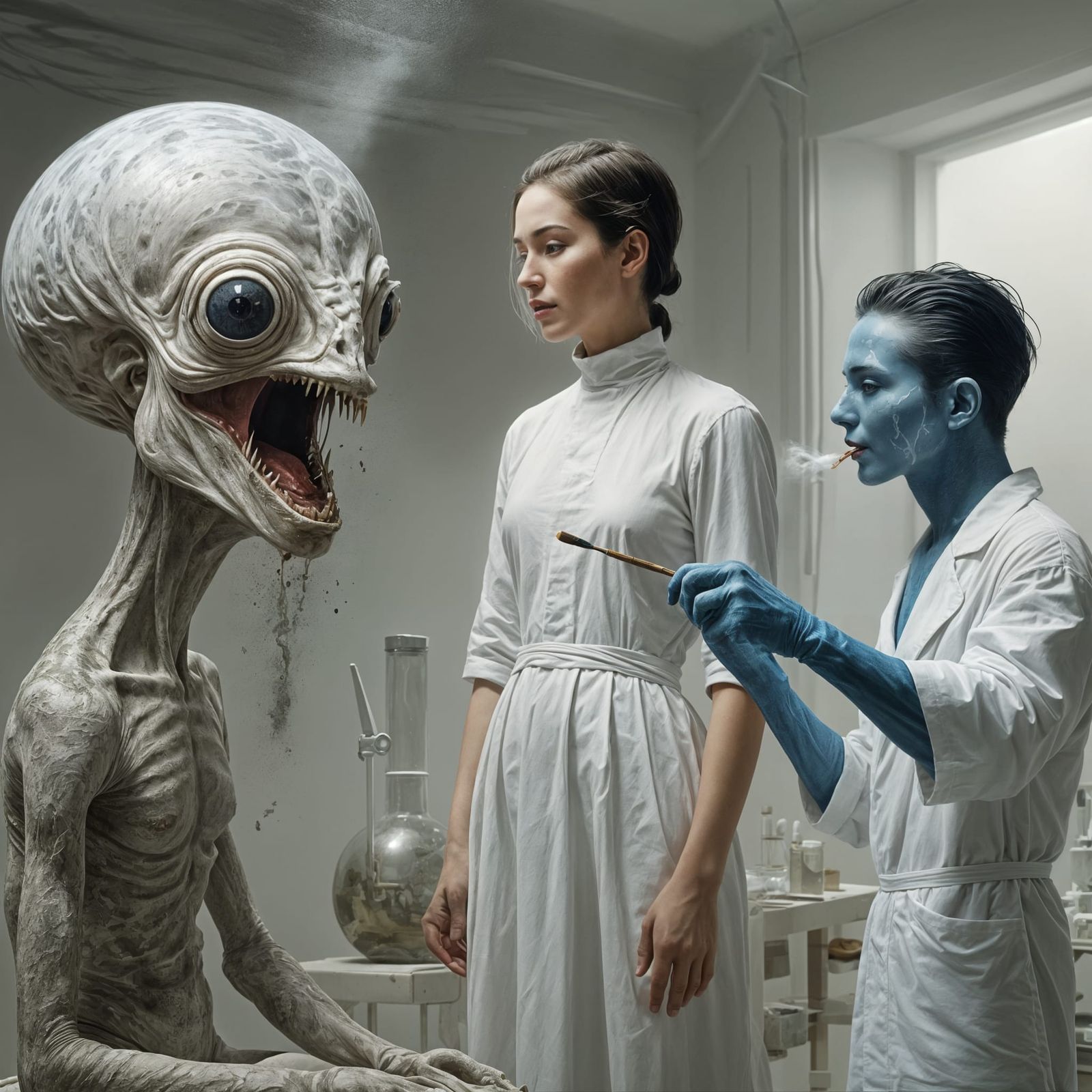 Surreal Portrait in White Laboratory, Detailed Matte Paintin...