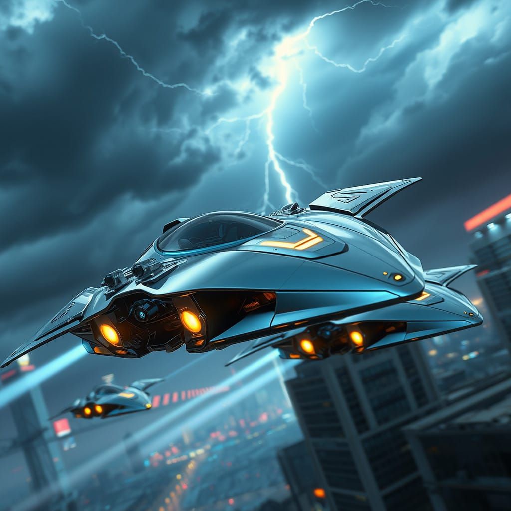 Flying cars in a futuristic city