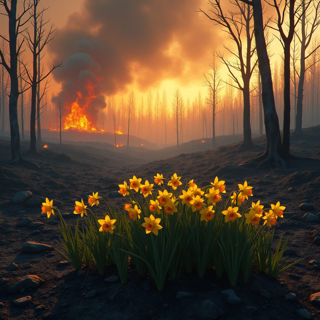 Daffodils Bloom in Charred Landscape, Syd Mead Style