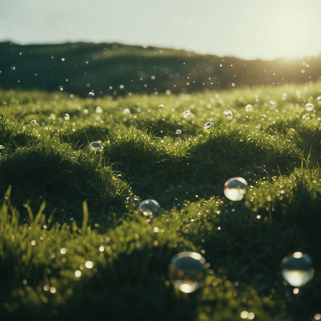 Vibrant Film Still of Water Balls Rolling Down a Hill