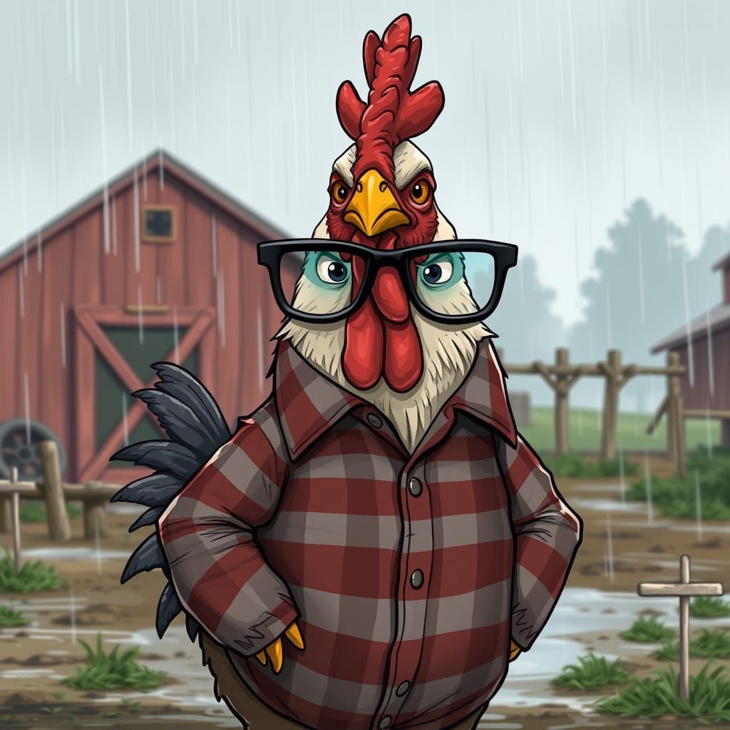 Grumpy Chicken in Flannel Shirt, Digital Painting