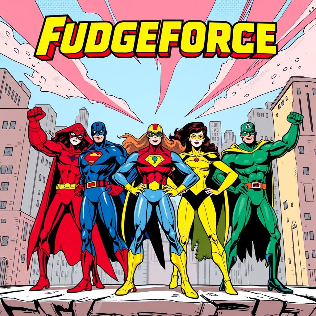 Dynamic Superheroes Posing in Abstract Cityscape