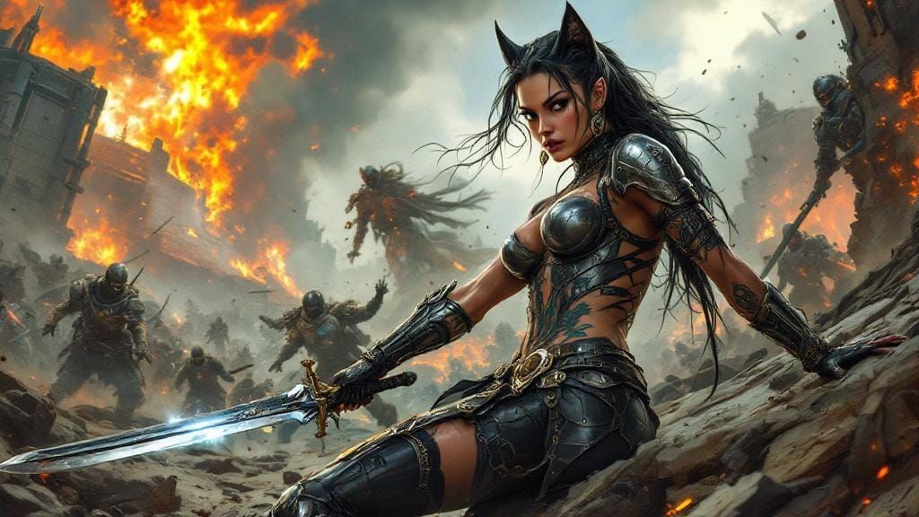 Armored Feline Warrior on Battlefield in Dystopian Style