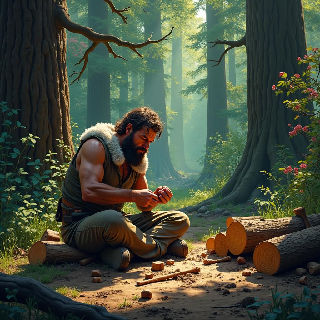 Woodsman Carving in Redwood Forest, Fantasy Art