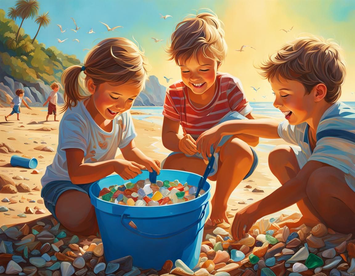 Kids Treasure Hunting on Beach in Hyperrealistic Style