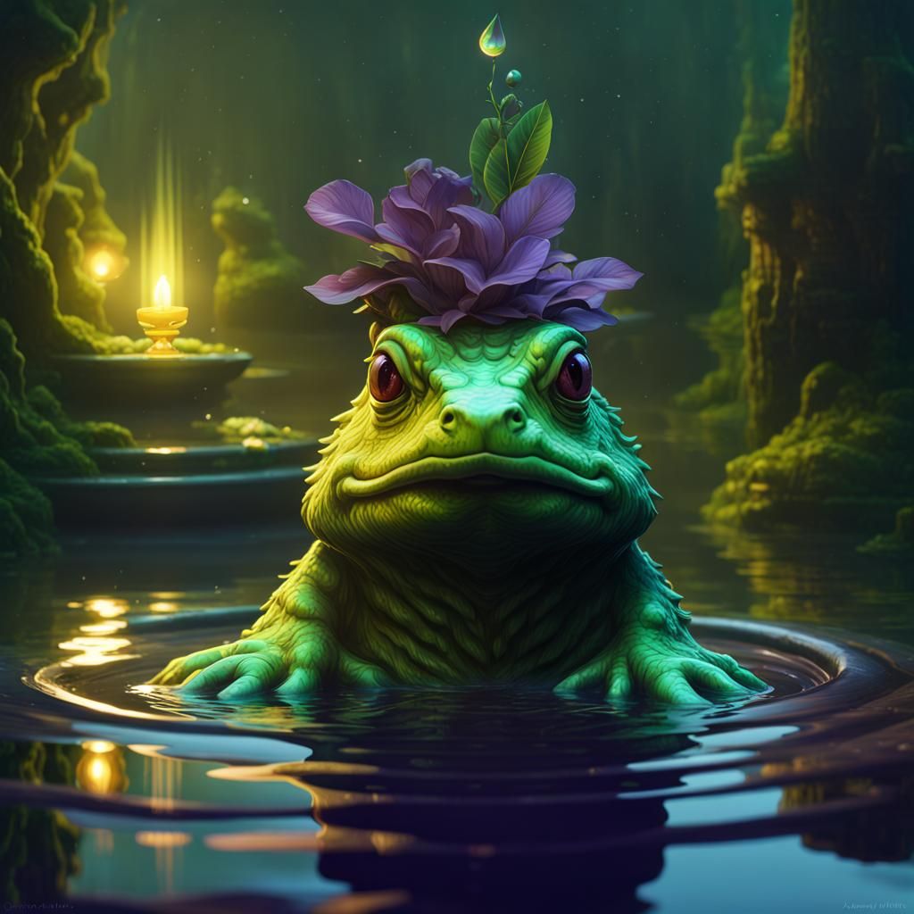 Green Kappa in Water: Dark Fantasy Concept Art