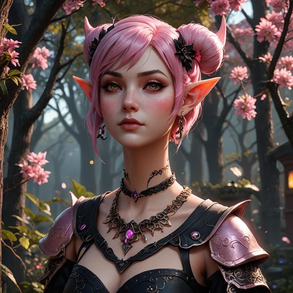 Goth Elf Catgirl: Detailed Fantasy Art