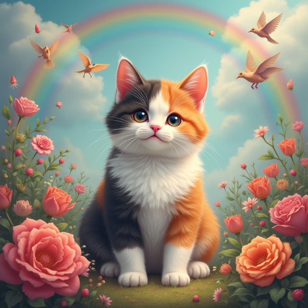Calico Cat in Mystical Rainbow Flower Garden