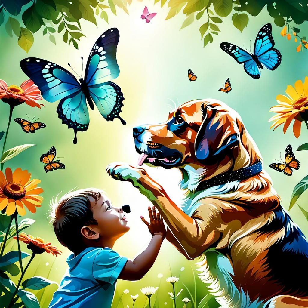 Child and Dog High Five in Watercolor Art