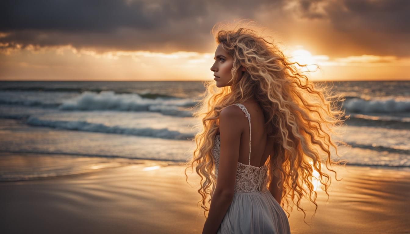 Mysterious Romani Girl on Beach at Sunset