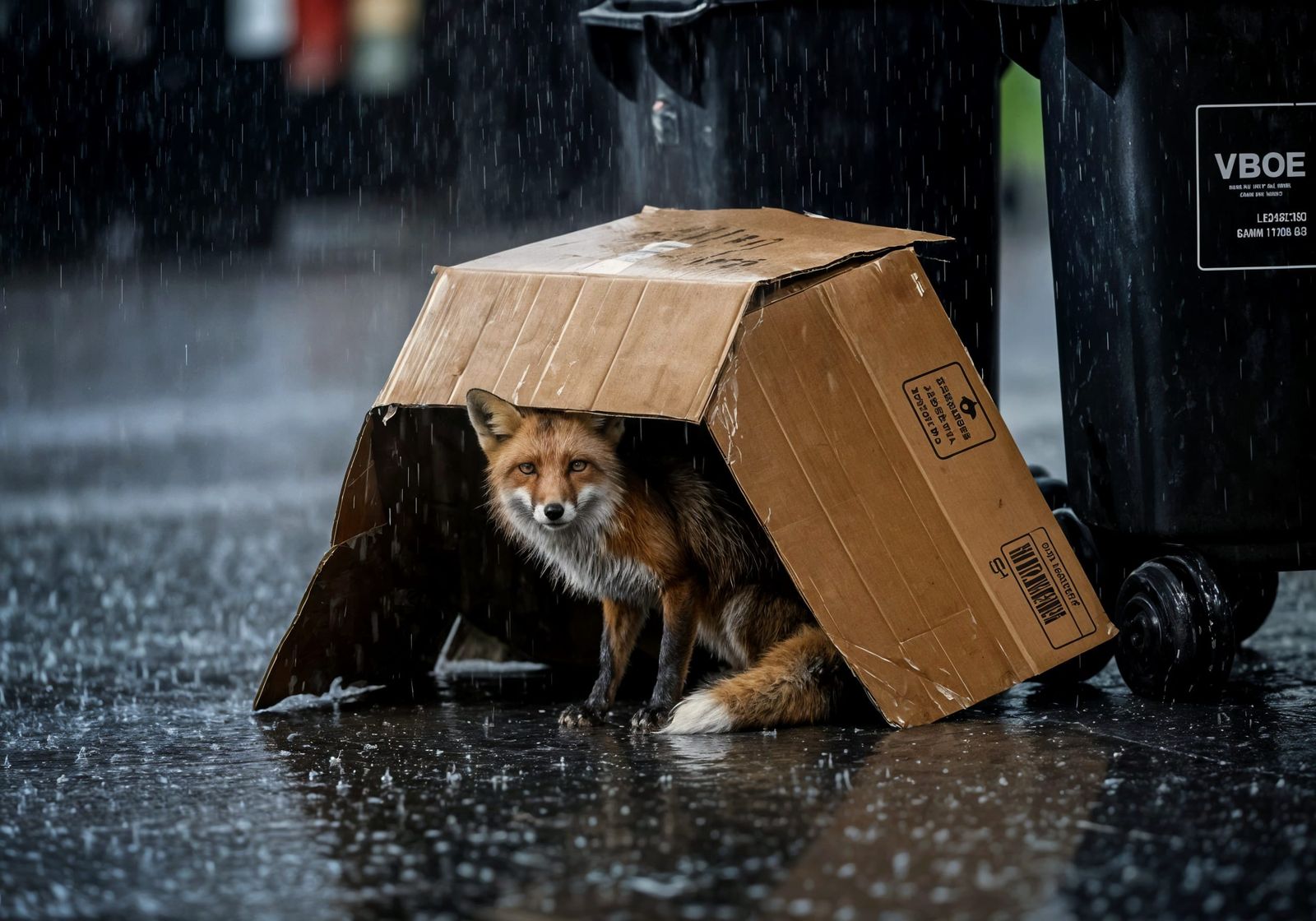 Realistic Photo of a Wet Fox Hiding Under Shelter at Night